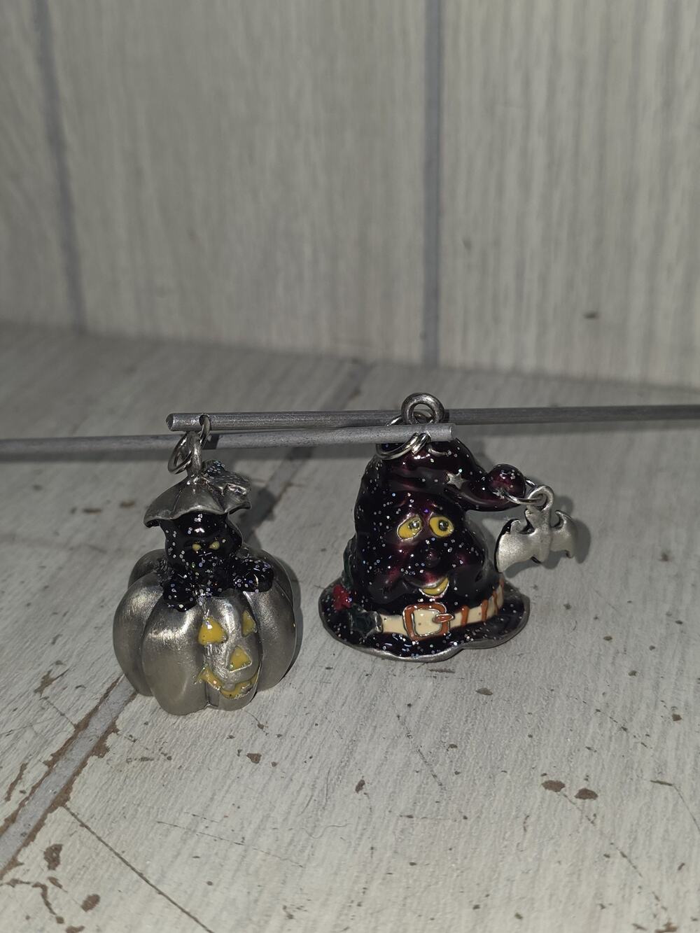 Vintage Enamel Witch Hat & Bat Cat In Pumpkin Halloween Candle Snuffers Festive